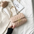 Elegant beige quilted PU leather crossbody bag with gold chain strap and square lock - Nude Pink
