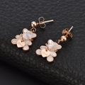 Golden bear earrings with white shell hearts and Love engraving on black leather - White Shell Bear Rose Gold Stud Earrings (C708)