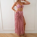 Three-piece bikini set with pink starburst tie-dye top and high slit mesh skirt - Dark Pink Set
