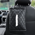 Hanging car tissue box holder in black quilted leather on vehicle headrest - Black (Plain)