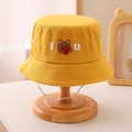 Detail of yellow kids bucket hat with bear embroidery and white chin strap on wood stand - 54cm(3-10 Years) / Yellow