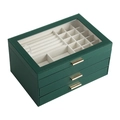 Dark green multi-layer jewelry organizer with glass lid and three drawer handles - Green