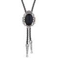 Detail of silver crown bolo tie with black oval stone and woven leather cord - Black Agate Color