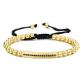 Adjustable woven bracelet with gold beads and micro-pave black zircon curved bar - Gold (ZJ6651)