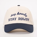 Retro baseball cap with Stay Rowdy embroidery and contrast navy blue brim on cream cotton - One Size / Cream/Navy Blue