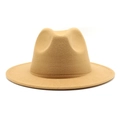 Close-up of camel wool felt fedora hat featuring a wide brim and classic top indentation - M (56-58cm) / Camel