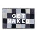 Plush black and grey checkered bath mat featuring Get Naked white letter typography - GET NAKED-Checkerboard Black Grey