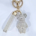 Sparkling white rhinestone bear keychain with gold V-buckle and crystal wrist strap - Jelly White