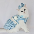 Elegant blue tweed dog dress with white floral accents and matching bow for cats and small dogs - S / Blue Tweed Dress + Headflower