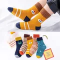 Five pairs of kids cotton crew socks with cartoon robots and colorful striped patterns - Space (5 Pairs)