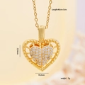 Golden heart pendant necklace with white zircon pavé and O-chain dimensions shown - Center Zircon Hollow Heart / Gold