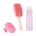 Pink hair care set including cushion brush, scalp massager, and tinted applicator bottle - Scalp Care Bottle 3-Piece Set (Cushion Brush + Scalp Brush + Applicator Bottle) / Pink