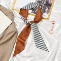 French style brown architectural and blue checkerboard silk ribbon hair tie for women - Street Corner Caramel Beige