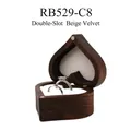 Double slot heart shaped walnut wood ring box with beige velvet lining and two rings - Double Slot-Solid Lid-Non-Customized / White