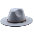 Classic light blue fedora hat with brown leather strap and buckle in soft felt fabric - M (56-58cm) / Light Gray