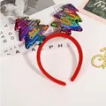 Christmas headband with red velvet band and sequined rainbow trees with golden text - Rainbow Sequin Christmas Tree