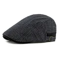 Dark grey plaid newsboy cap in wool blend with adjustable metal buckle strap - Adjustable / Plaid Flat Cap (CQ3519) / Navy Blue