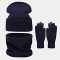 Three-piece navy blue ribbed knit set with touchscreen gloves, scarf, and warm winter hat - Navy Blue