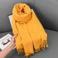Bright yellow cashmere-style scarf with long fringes, soft winter warm solid muffler - 68x180cm / Turmeric