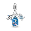 Silver travel charm with blue enamel airplane, suitcase and passport for DIY bracelets - Travel Vacation - Blue Luggage Pendant