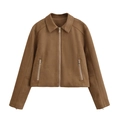 Dunkelbraune Damen Bomberjacke aus Wildlederimitat mit klassischem Kragen und Reißverschluss - XS / Khaki