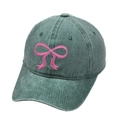 Vintage washed dark green baseball cap with pink bow embroidery for women - M (56-58cm) / Green