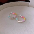 Silver-finish heart hoop earrings with vibrant colorful enamel stripes on a beige velvet base - Multi-color Striped Heart (25# Multi-color-Striped Heart Enamel)