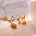 Detailed set of 3 gold stainless steel earrings with red enamel and crystals, weight 6g - Vintage Red Enamel Pink Rhinestone Star Style (Card N) / 3 Piece Set