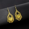 Detail of golden hollow water-drop earrings with delicate fringe tassels and ear hooks - E5765-5 Hollow Teardrop Pendant Tassel