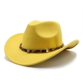 Detail of yellow cowboy hat with leopard print band and golden star metal accents - M (56-58cm) / Yellow