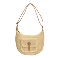Schicke beige gewebte Stroh-Halbmond-Umhängetasche mit braunem PU-Leder-Taschendetail - Beige