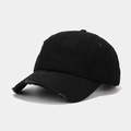 Close-up of distressed ripped details on black washed cotton ponytail baseball cap - Adjustable / Black
