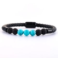 Men's braided leather bracelet with black lava stone and turquoise beads magnetic clasp - Blue Beads