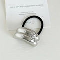 Sleek silver dual-arc metal hair tie with high-elastic black rubber band for women - Double Layer Half Circle / Silver