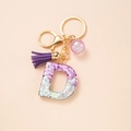 Letter D alphabet keychain with purple sequins, matching tassel and pink bead charm - Letter D