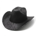 Vintage black distressed faux leather western cowboy hat with wide brim and cracked texture - M(56-59CM) / Black (Cracked Texture)
