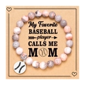 Pink and grey zebra stone beaded bracelet with baseball mom charm and theme gift card - Pink Zebra + Volleyball