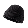 Black distressed knit beanie featuring trendy ripped details and retro streetwear style - Black
