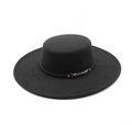 Classic black flat top wool felt boater hat with black PU strap and gold buckle detail - M (56-58cm) / Black
