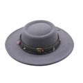 Elegant grey flat top wide brim wool felt fedora hat with bohemian beaded band and tassels - Gray