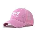 Detail of pink distressed baseball cap showing NOPE not today slogan and mesh texture - Adjustable / Pink
