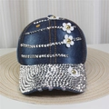 Detail of dark blue denim baseball cap featuring silver studs and 3D floral decorations - Style 38-Deep Blue Denim Studded Sunflower