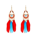 Bohemian dangle earrings with red and blue feathers and gold beaded chains - KC Gold/Red Blue Long Feather (3100)