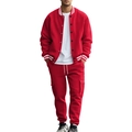 Red American style baseball jacket and cargo jogger pants set for men on white background - Burgundy