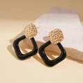Minimalist geometric square drop earrings with gold textured metal and black enamel finish - Gold-Black Rhombus