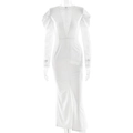 Elegante witte jurk met kanten pofmouwen, diepe V-hals en een zijdelingse split - S / Wit