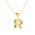 Detail of gold-plated necklace featuring a heart link and colorful zircon-encrusted letter R - Letter-R