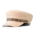 Detail of beige baker boy hat featuring a stylish leopard print decorative chain strap - L (58-60cm) / Leopard Print Strap Beige