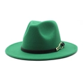 Detail of green wool fedora hat featuring a black leather band and gold horseshoe buckle - Grass Green