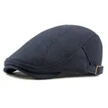 Navy blue cotton flat cap in vintage style with adjustable side metal buckle - Adjustable / Navy Blue